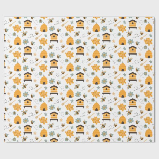 Niedliches Blue & Gold Bee Wrapping Paper Geschenkpapier (Flach)