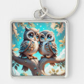 Niedliches Blue Kawaii Chibi Owls auf einer Baumzw Schlüsselanhänger (Vorne)