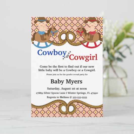 Niedliches Blue-Red-Country-Gender-Revue Einladung (Stehend Vorderseite)