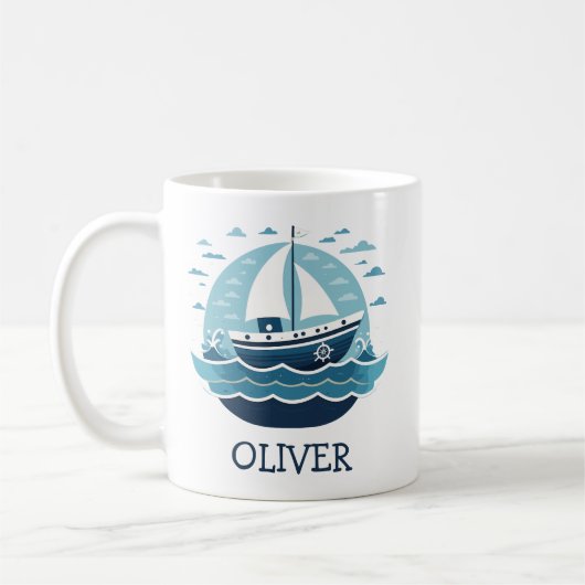 Niedliches Blue Sailboat auf See Personalisiert Kaffeetasse (Links)