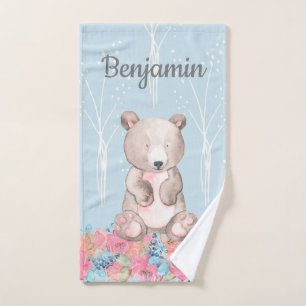 Niedliches Blue Woodland Bear Baby Kinderzimmer Handtuch