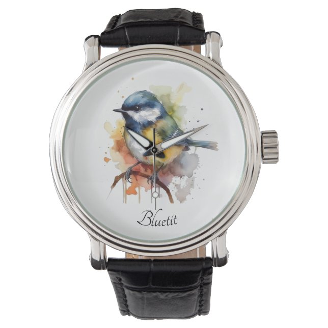Niedliches Bluetit auf Zweig, Brauch Armbanduhr (Vorderseite)