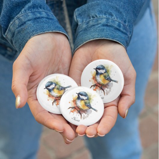 Niedliches Bluetit auf Zweig, Brauch Button