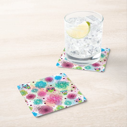 Niedliches Blumeneulen-Hintergrundmuster Rechteckiger Pappuntersetzer (Vor Ort)