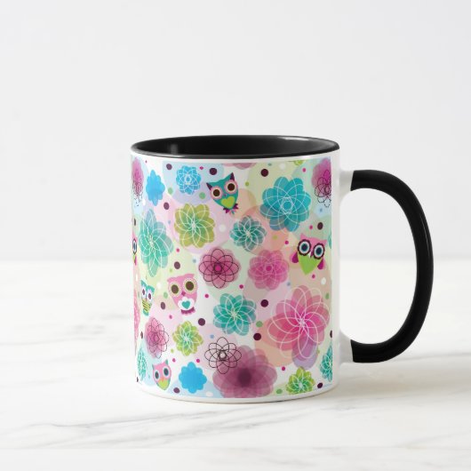 Niedliches Blumeneulen-Hintergrundmuster Tasse (Rechts)