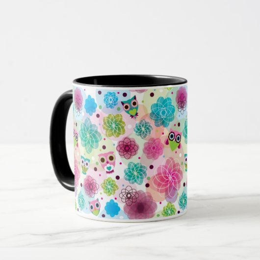 Niedliches Blumeneulen-Hintergrundmuster Tasse (Vorderseite Links)