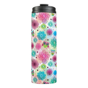 Niedliches Blumeneulen-Hintergrundmuster Thermosbecher