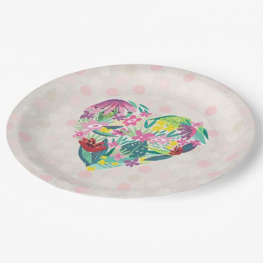 Niedliches Blumenherz mit tropischen Blume Geburts Pappteller (Schrägansicht)