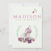 Niedliches Blumenhippo lila Mädchen Foto Geburt Ankündigung (Vorderseite)