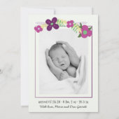 Niedliches Blumenhippo lila Mädchen Foto Geburt Ankündigung (Rückseite)