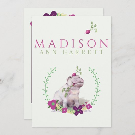 Niedliches Blumenhippo lila Mädchen Foto Geburt Ankündigung (Vorne/Hinten)
