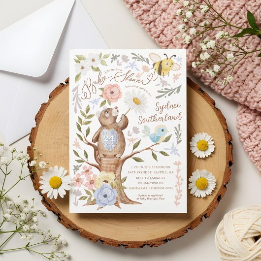 Niedliches Blumenholz-Bärendusche Einladung