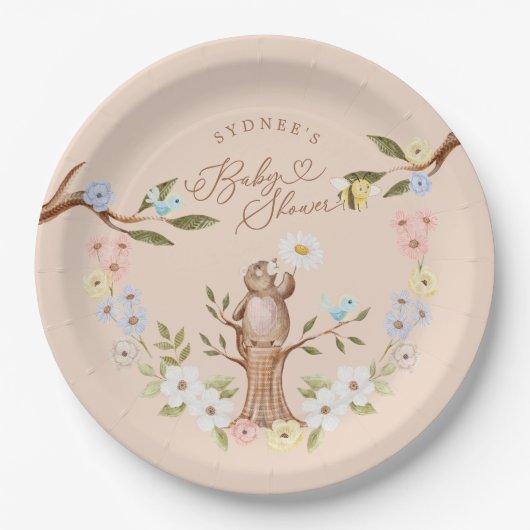 Niedliches Blumenholz-Bärendusche Pappteller (Vorderseite)