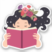 Niedliches Blumenmädchen, das einen Buchaufkleber Aufkleber (Vorderseite)