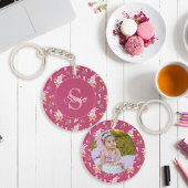 Niedliches Blumenmuster Monogram Foto Magenta Schlüsselanhänger