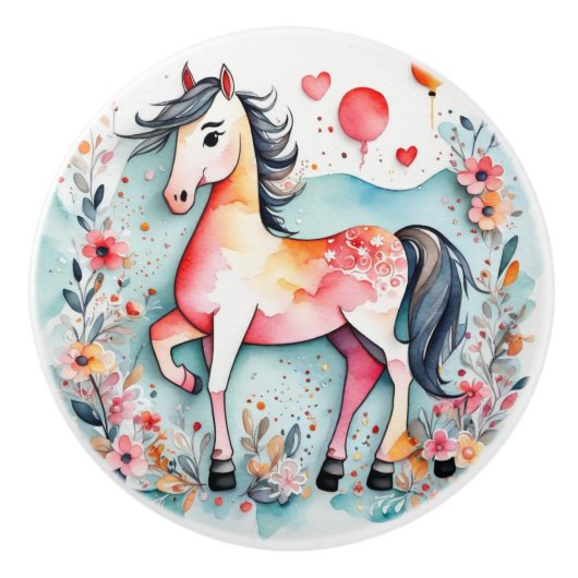 Niedliches Blumenpferd Keramikknauf (Vorderseite)