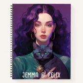 Niedliches Boho Girl, Lila Haare, Schwarze Katze, Notizblock (Vorderseite)