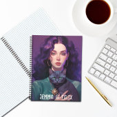 Niedliches Boho Girl, Lila Haare, Schwarze Katze, Notizblock