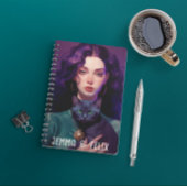 Niedliches Boho Girl, Lila Haare, Schwarze Katze, Notizblock