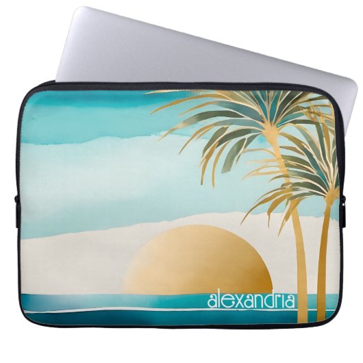 Niedliches Boho Gold Abstrakt Beach Landschaft mit Laptopschutzhülle (Vorderseite)