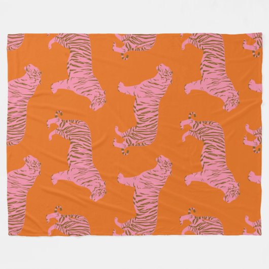 Niedliches Boho Orange und rosa Tiger Art Muster Fleecedecke (Vorderseite (Horizontal))
