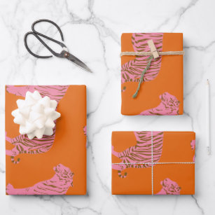 Niedliches Boho Orange und rosa Tiger Art Muster Geschenkpapier Set