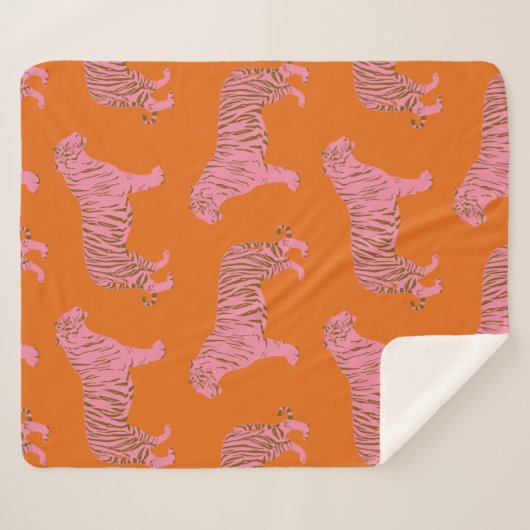 Niedliches Boho Orange und rosa Tiger Art Muster Sherpadecke (Vorderseite (Horizontal))