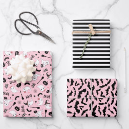 Niedliches Boo Spooky Ghost Halloween Pink Girl Geschenkpapier Set