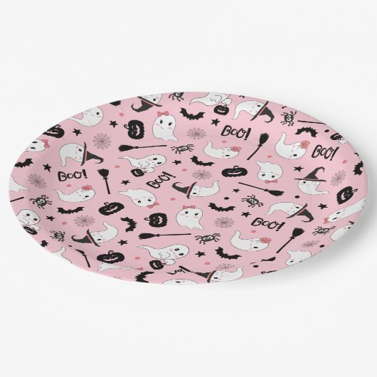 Niedliches Boo Spooky Ghost Halloween Pink Girl Pappteller (Schrägansicht)