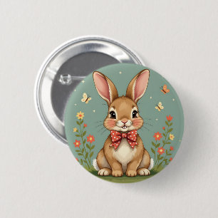 Niedliches braunes Kaninchen mit Fliege Button