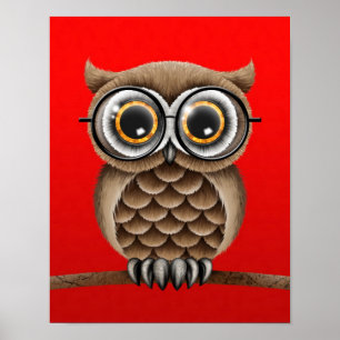 Niedliches, braunes Owl mit Leseglasche, rot Poster