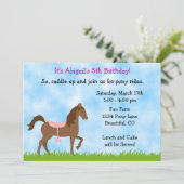 Niedliches braunes Pferd, Pink Saddle Pony Party G Einladung (Stehend Vorderseite)