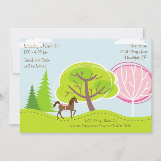Niedliches braunes Pferd und Bäume Pony Reiten Geb Einladung (Rückseite)