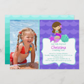Niedliches Brünettes Mermaid Foto Geburtstag Einla Einladung (Vorne/Hinten)