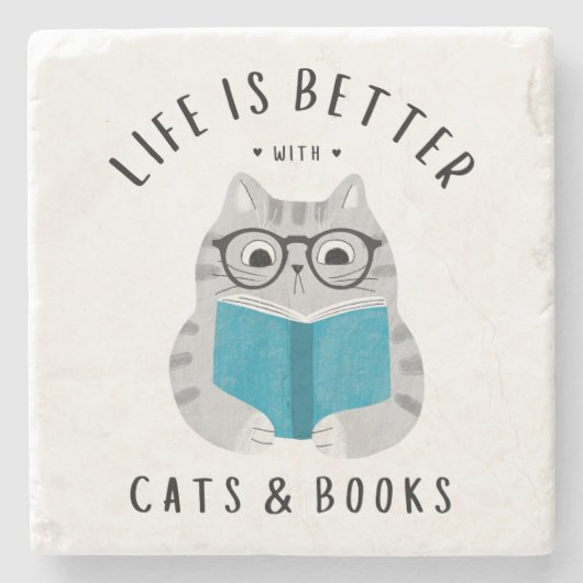 Niedliches Buch Lover Cat Reading Book Steinuntersetzer (Vorderseite)