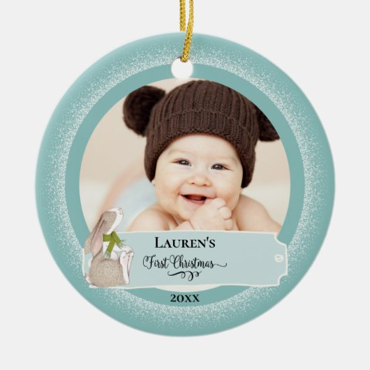 Niedliches Bunny Baby Foto Erste Weihnachten Keramik Ornament (Vorne)