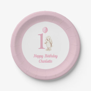 Niedliches Bunny & Balloon Pink Happy Geburtstag 1 Pappteller