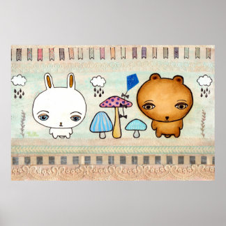 Niedliches Bunny & Bär Mixed Media Print Poster