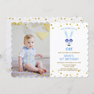 Niedliches Bunny Boy Foto 1. Geburtstag Einladung