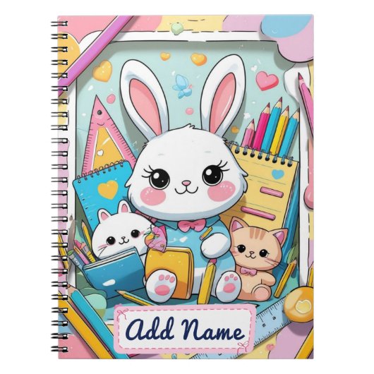 Niedliches Bunny & Cats Notebook - Name Notizblock (Vorderseite)