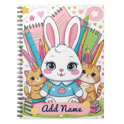 Niedliches Bunny & Cats Notebook - Name Notizblock (Vorderseite)