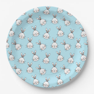 Niedliches Bunny Face Pattern auf Light Blue Pappteller