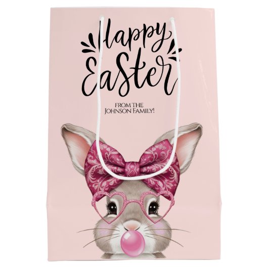 Niedliches Bunny "Happy Oaster" Pink Pattern Mittlere Geschenktüte (Rückseite)