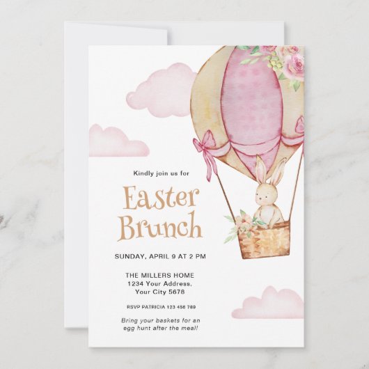 Niedliches Bunny im Aquarell mit Ballon Ostern Bru Einladung (Vorderseite)