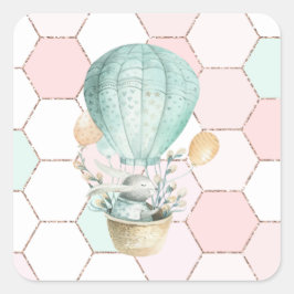 Niedliches Bunny in Air Ballon | Hexagon Muster Quadratischer Aufkleber