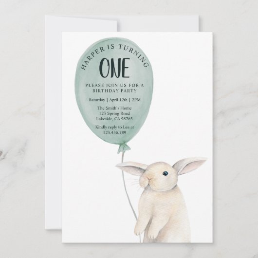Niedliches Bunny mit Ballon Geburtstag Einladung (Vorderseite)