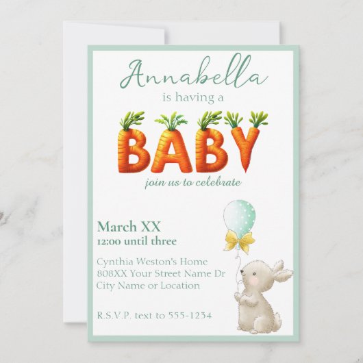 Niedliches Bunny mit Balloon und Carrots Baby Dusc Einladung (Vorderseite)