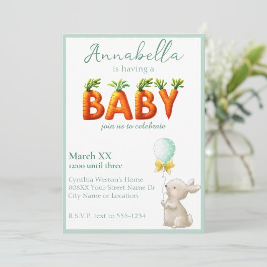 Niedliches Bunny mit Balloon und Carrots Baby Dusc Einladung (Stehend Vorderseite)