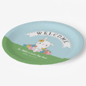 Niedliches Bunny mit Eiern Ostereier Hunt & Brunch Pappteller (Schrägansicht)