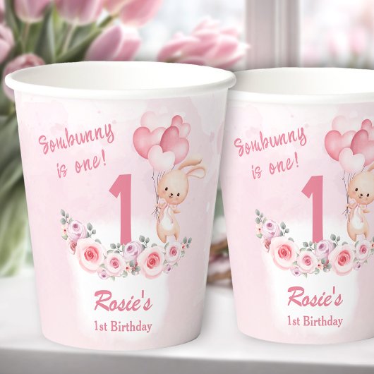 Niedliches Bunny Pink 1. Geburtstagsmädchen Pappbecher